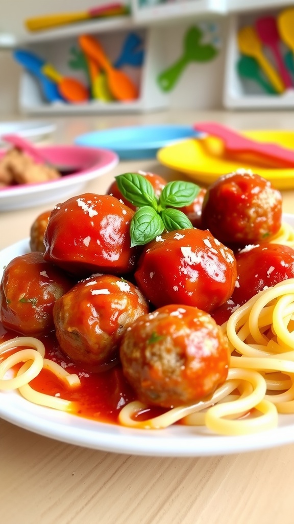 Delicious turkey meatballs in marinara sauce served with spaghetti, garnished with basil and Parmesan.